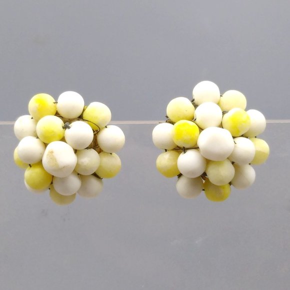 Vintage Bead Cluster Earrings, Classic White and Yellow Clip Ons from MCM - Picture 1 of 4